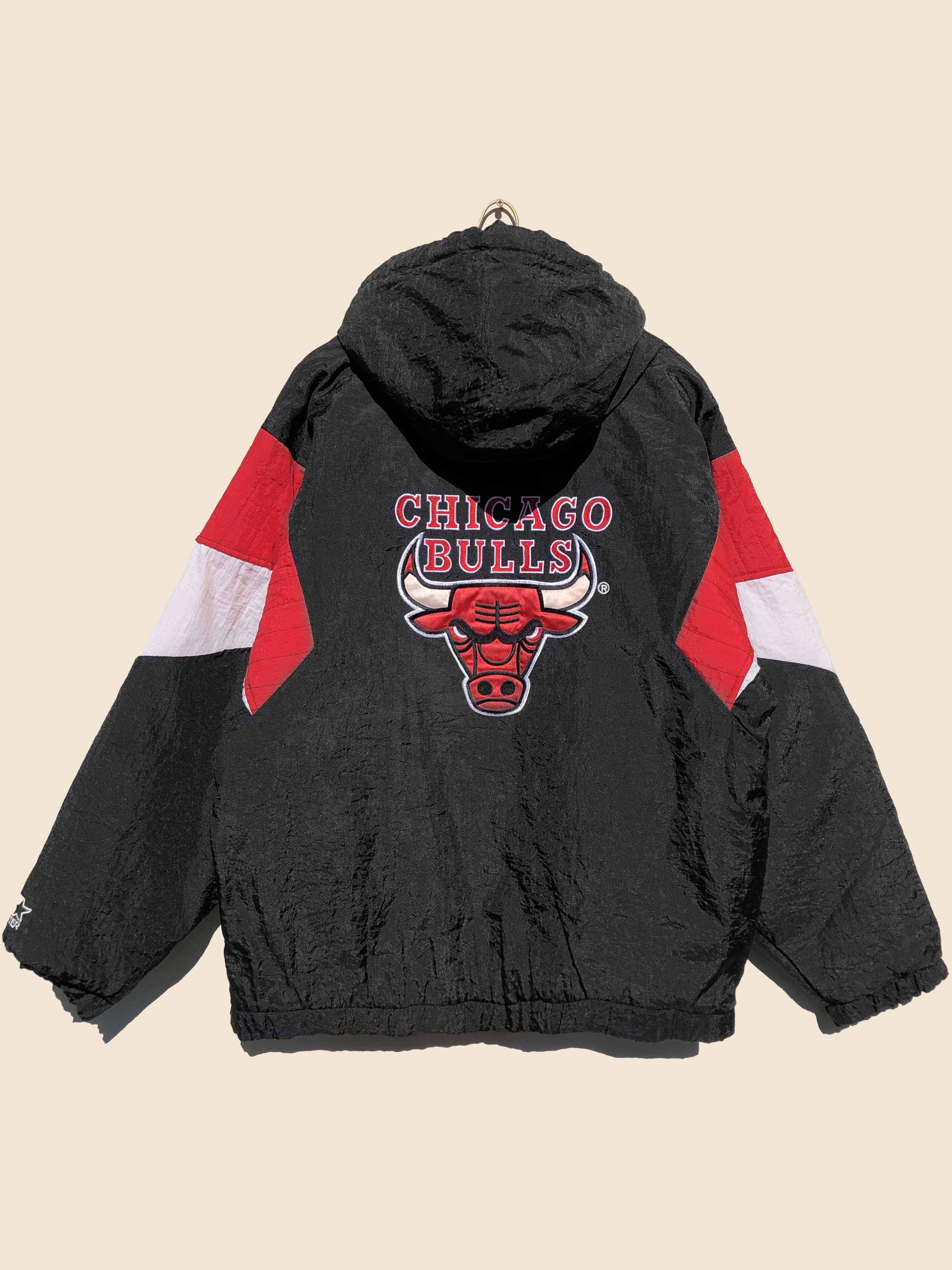 Vintage Starter Chicago Bulls Nylon Jacket NBA 90's Big Logo in Black, Men's (Size XL)